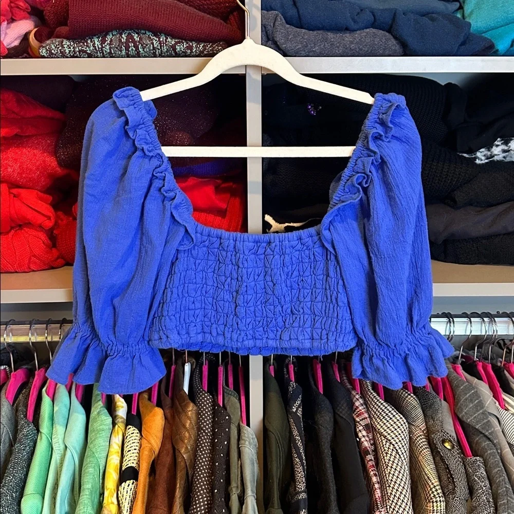 Free People blue 1/2 sleeve smocked square neck crop top size XS - Picture 3 of 3